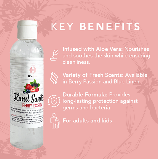 Essence Clean Hand Gel bottle with berry passion scent, aloe vera, and 70% alcohol for long-lasting germ protection