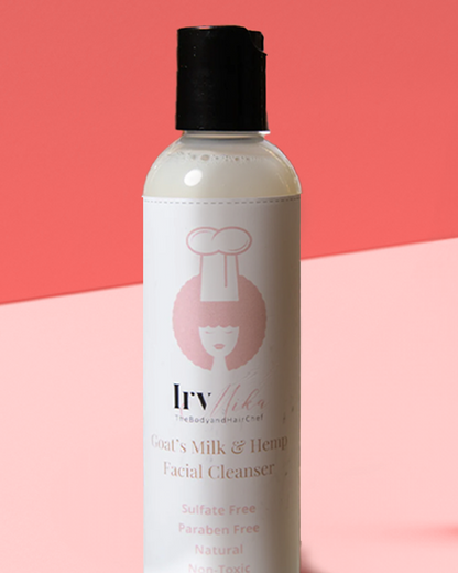 Goat Milk & Hemp Facial Cleanser in a sleek bottle, sulfate and paraben free, ideal for soothing all skin types.