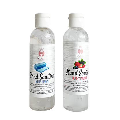 Essence Clean Hand Gel bottles with aloe vera and fresh Berry Passion and Blue Linen scents for effective germ protection
