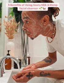Person using Purifying Goat Milk & Hemp Facial Cleanser in a bathroom, showcasing skincare routine benefits.